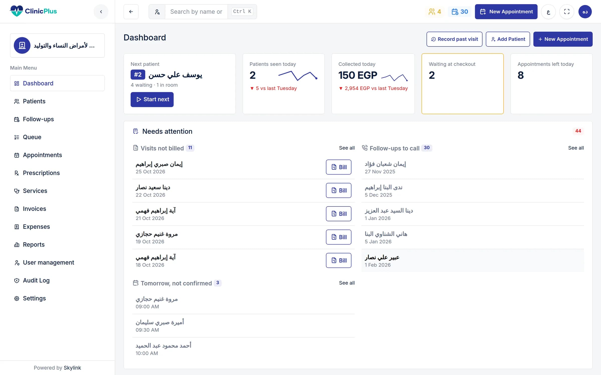 The ClinicPlus dashboard: next patient, visits today and cash collected